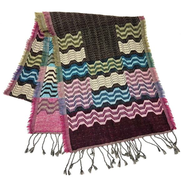 Colorful Wool Boho Scarf 13x70 Chevron Zigzag Brown Pink Green Tassel Fringe - Picture 1 of 12